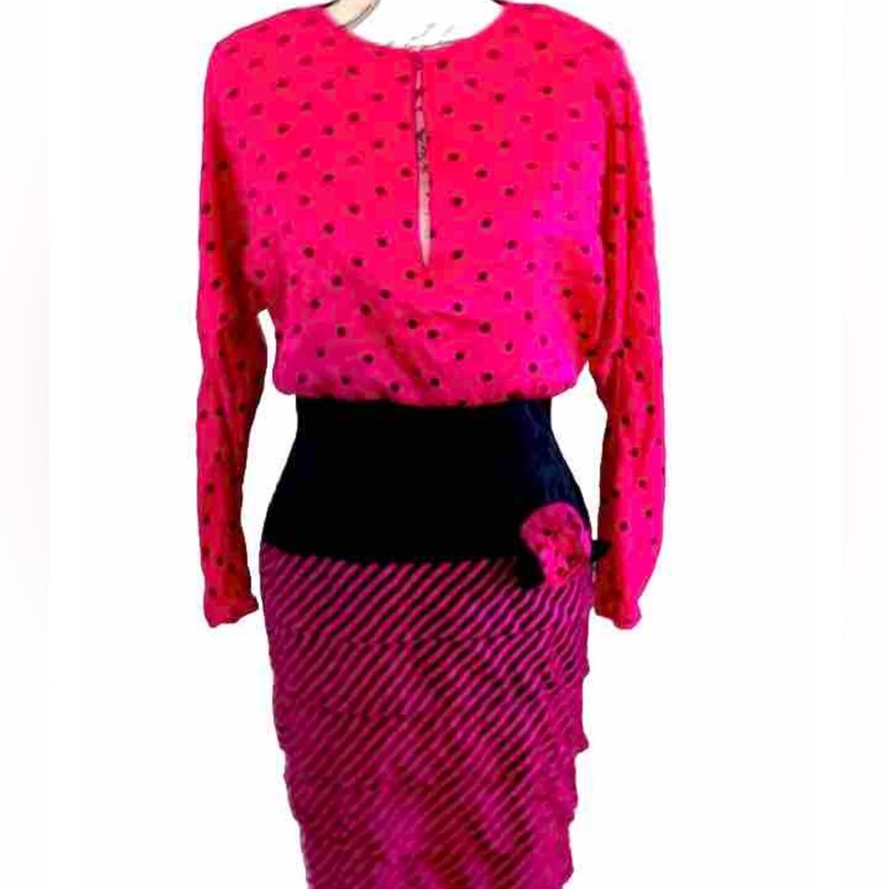 🦋Vintage 80’s Hot Pink Striped and Polka Dot Party Dress